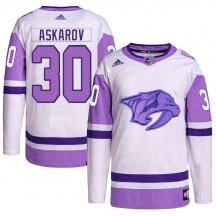 Men's Adidas Nashville Predators Yaroslav Askarov White/Purple Hockey Fights Cancer Primegreen Jersey - Authentic