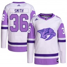 Youth Adidas Nashville Predators Cole Smith White/Purple Hockey Fights Cancer Primegreen Jersey - Authentic