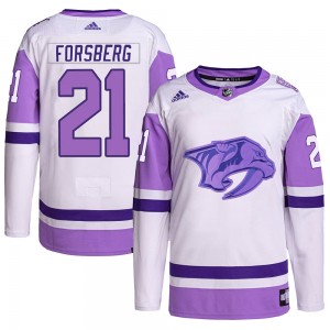 Men's Adidas Nashville Predators Peter Forsberg White/Purple Hockey Fights Cancer Primegreen Jersey - Authentic
