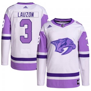 Men's Adidas Nashville Predators Jeremy Lauzon White/Purple Hockey Fights Cancer Primegreen Jersey - Authentic