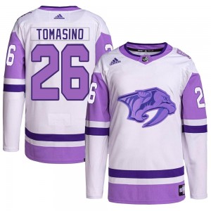 Men's Adidas Nashville Predators Philip Tomasino White/Purple Hockey Fights Cancer Primegreen Jersey - Authentic
