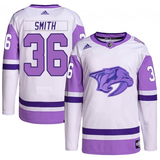 Men's Adidas Nashville Predators Cole Smith White/Purple Hockey Fights Cancer Primegreen Jersey - Authentic