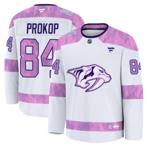Men's Fanatics Nashville Predators Luke Prokop White 2024 Hockey Fights Cancer Practice Jersey - Premium