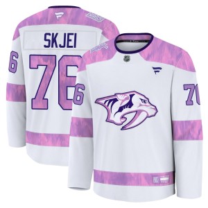 Men's Fanatics Nashville Predators Brady Skjei White 2024 Hockey Fights Cancer Practice Jersey - Premium