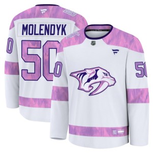 Youth Fanatics Nashville Predators Tanner Molendyk White 2024 Hockey Fights Cancer Practice Jersey - Premium