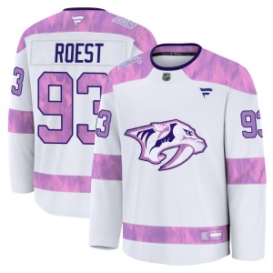 Youth Fanatics Nashville Predators Austin Roest White 2024 Hockey Fights Cancer Practice Jersey - Premium